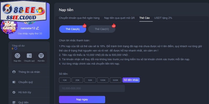Quy trình nạp tiền bằng thẻ cào miễn phí, không giới hạn số lần